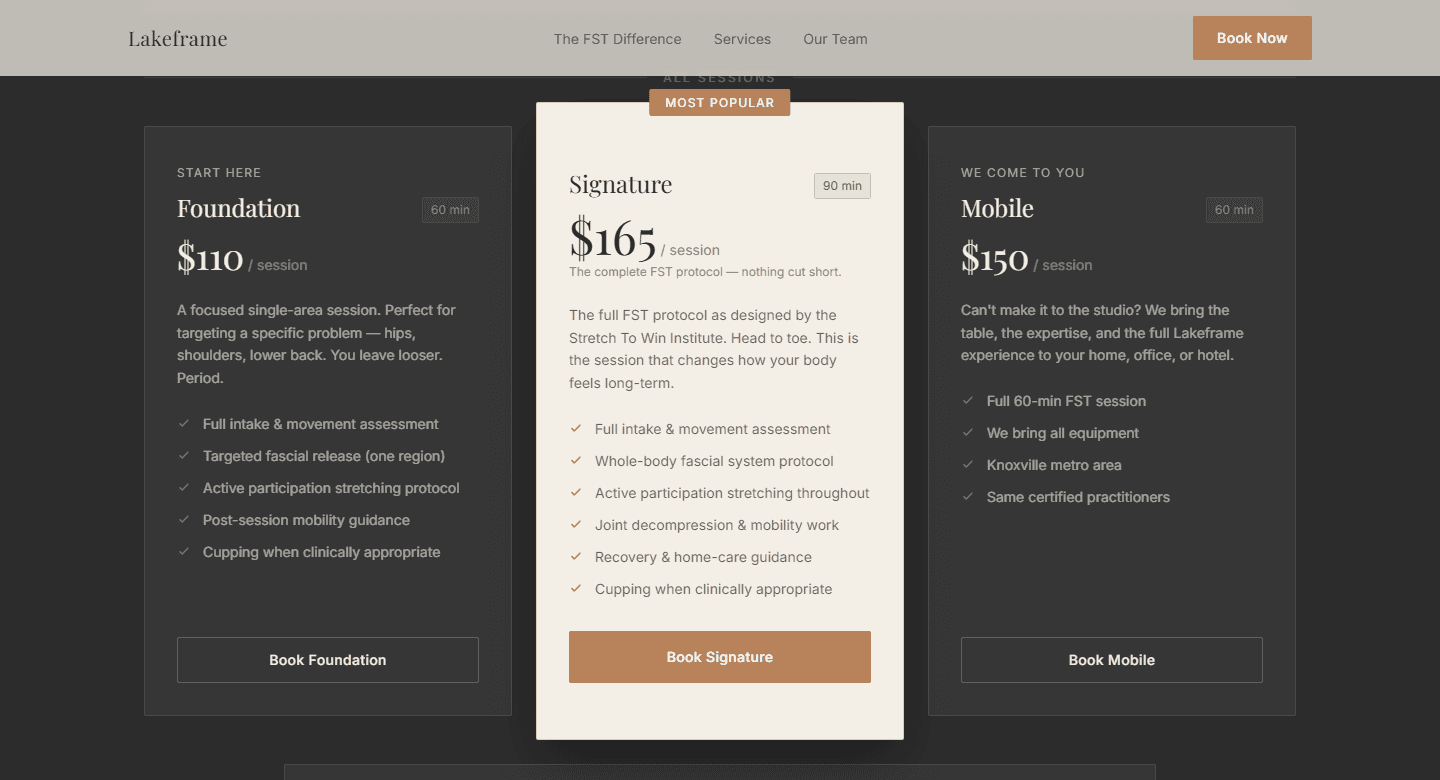 Three session pricing cards: Foundation, Signature, and Mobile