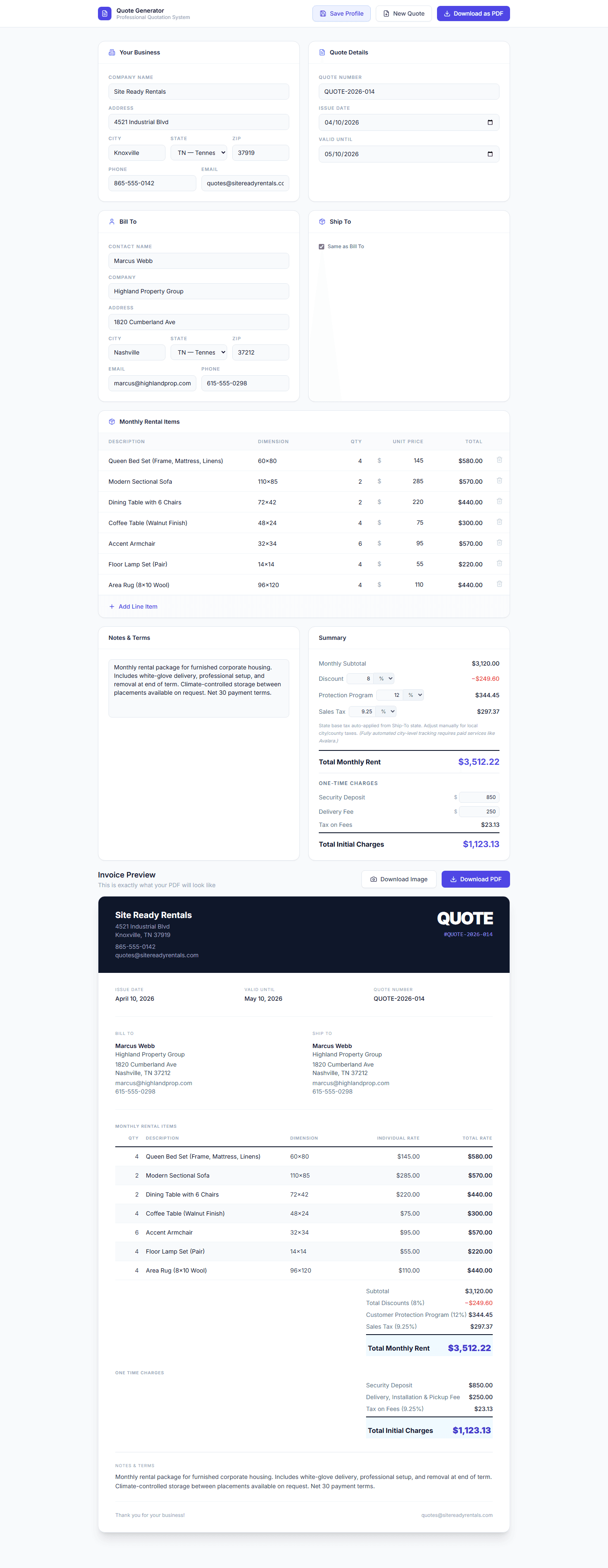 Full quote builder with business details, line items, live totals, and branded invoice preview
